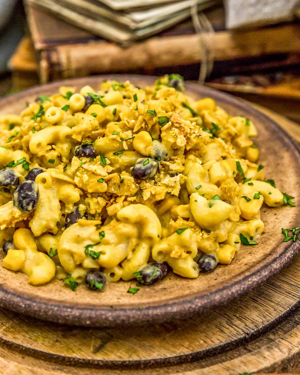 Plated Vegan Chiles Rellenos Mac and Cheese