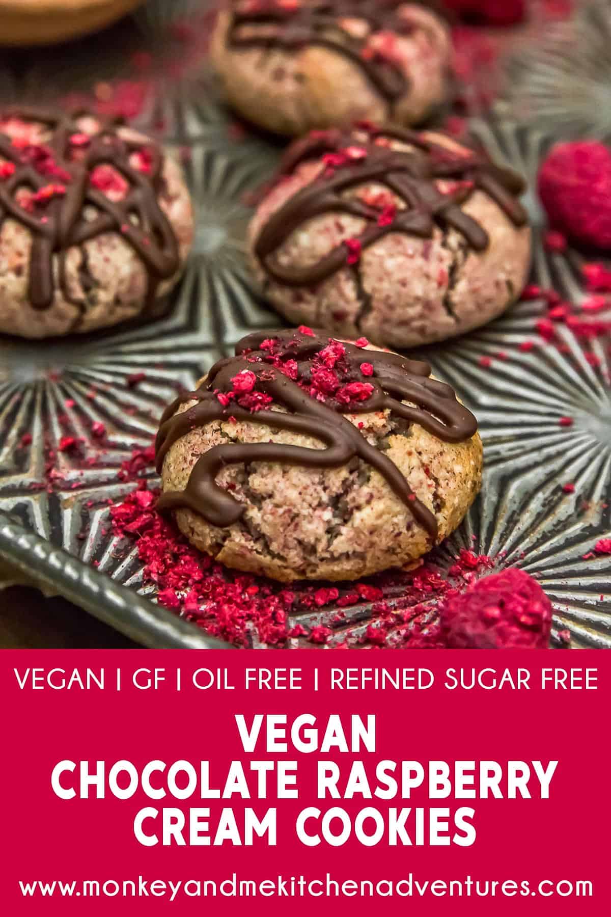 Vegan Chocolate Raspberry Cream Cookies with Text Description