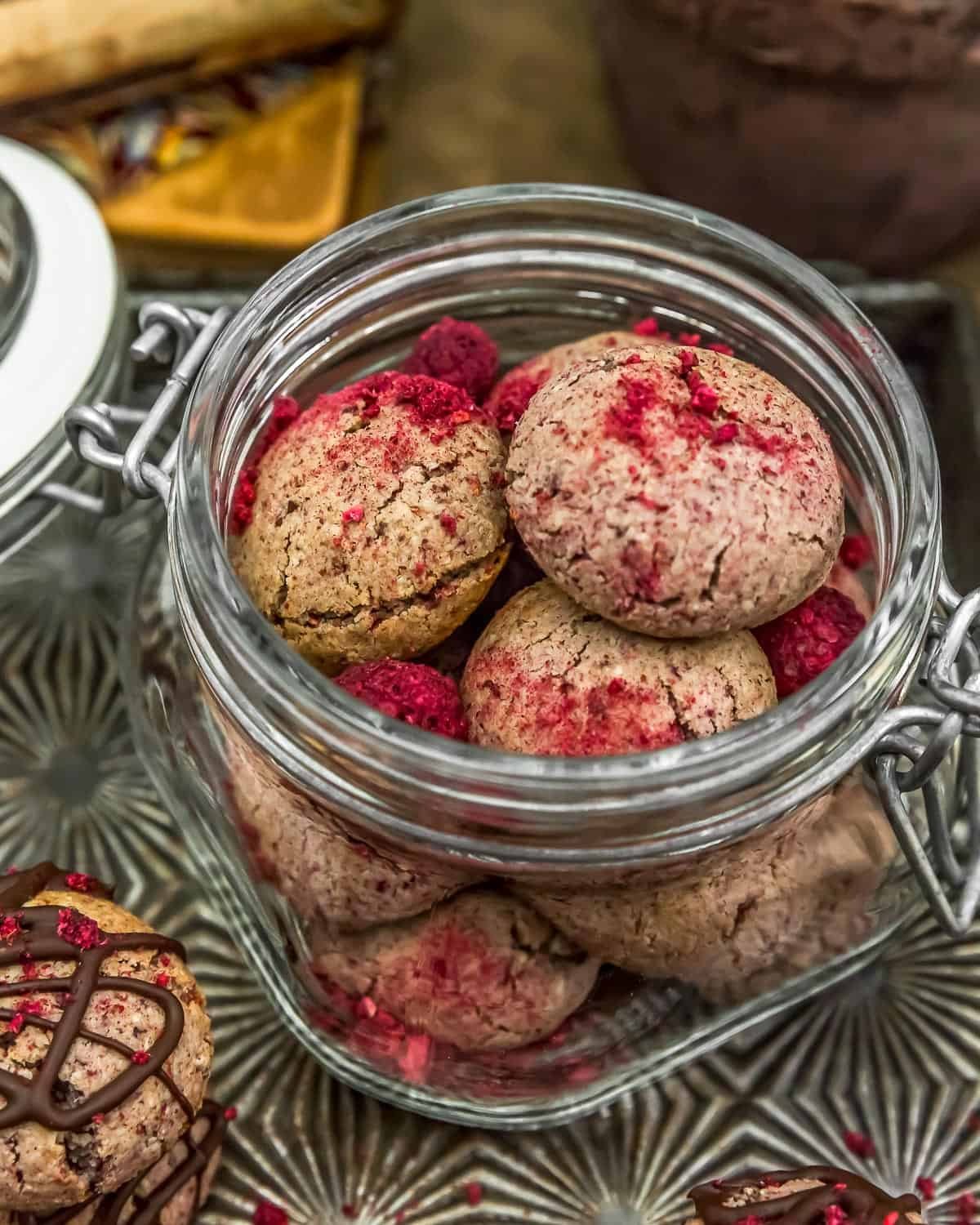 Jar of Vegan Chocolate Raspberry Cream Cookies