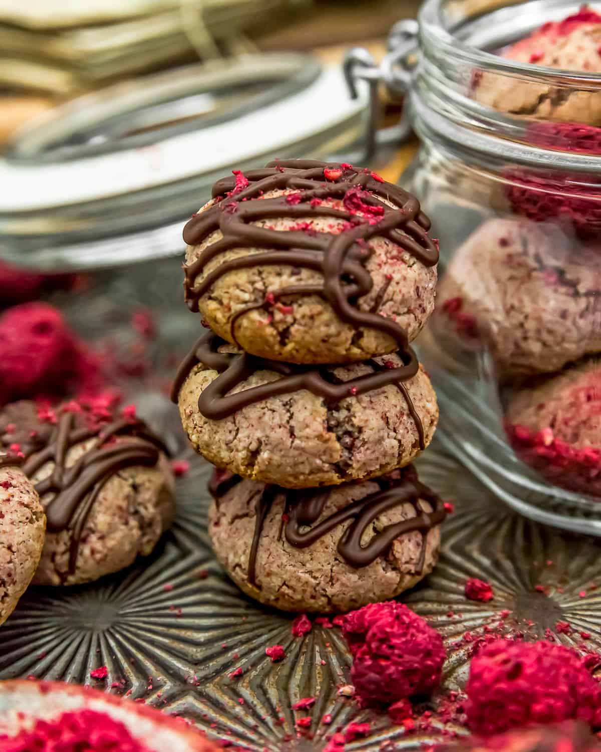 Stacked Vegan Chocolate Raspberry Cream Cookies