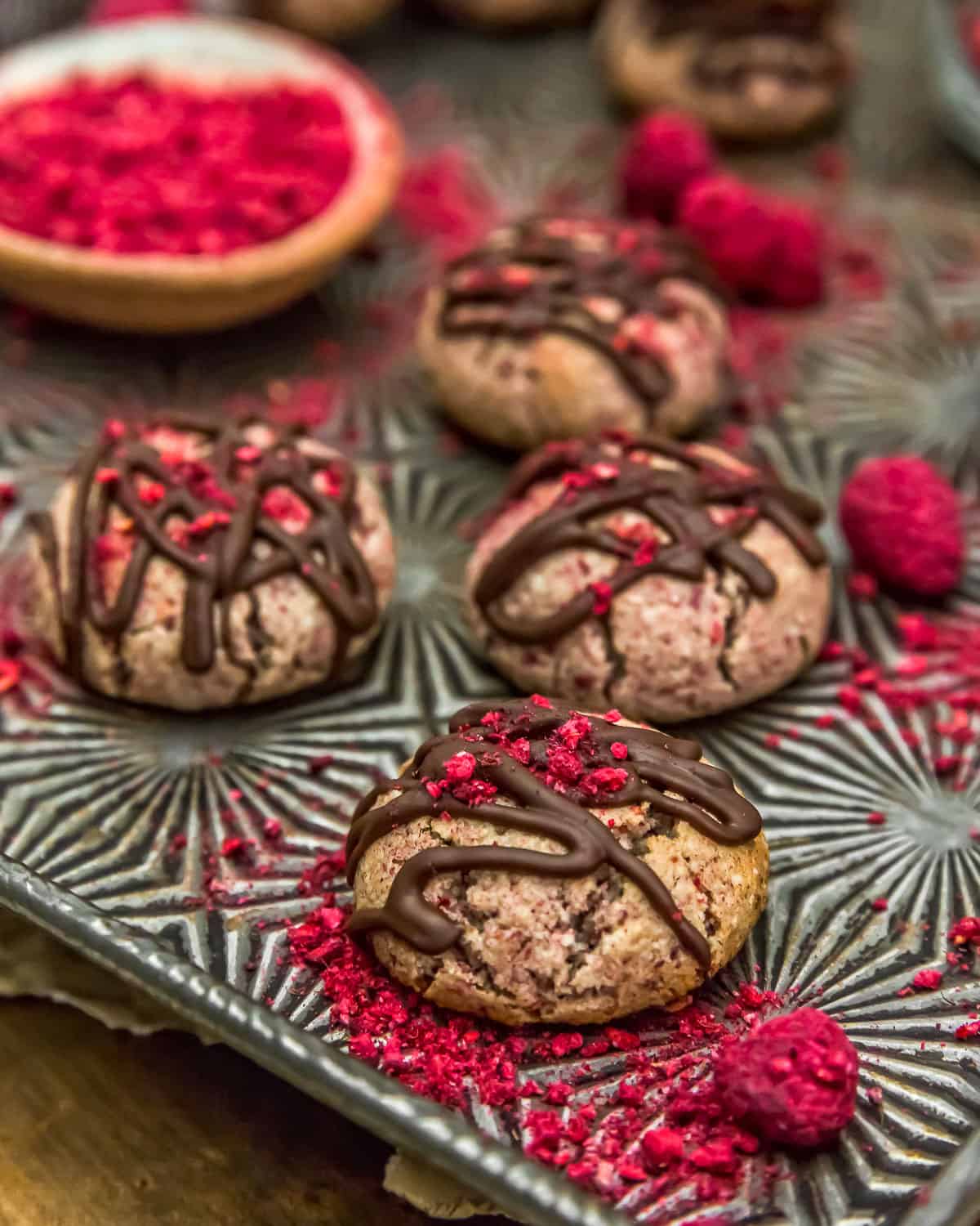 Close up of Vegan Chocolate Raspberry Cream Cookies