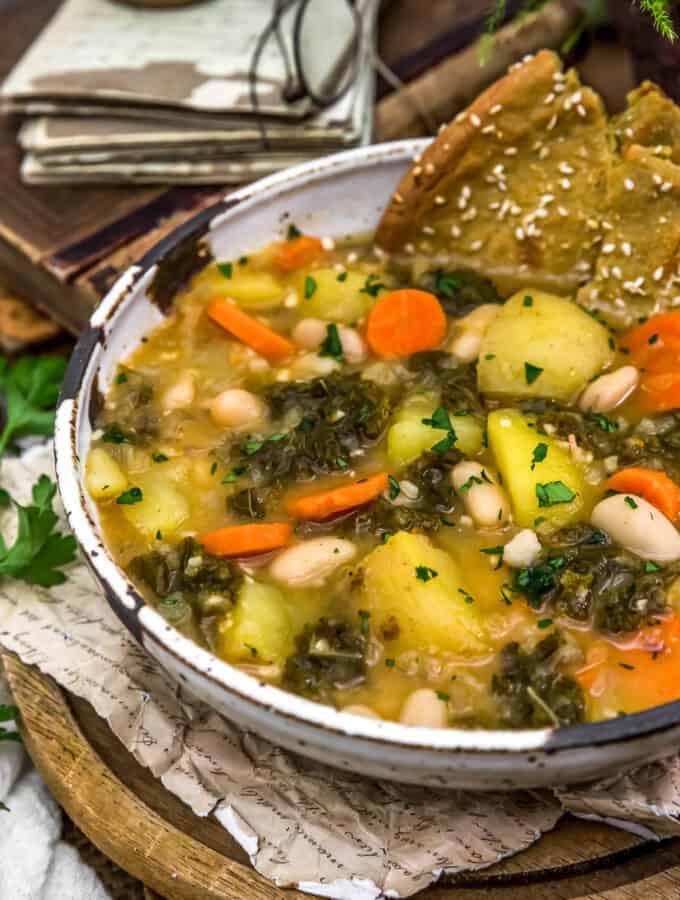 Close up of Vegan Potato “Kielbasa” Kale Soup
