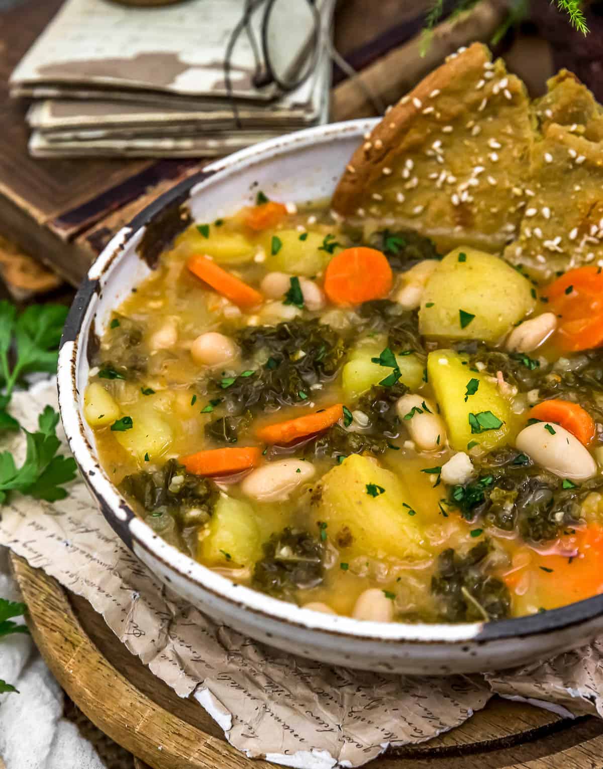 Close up of Vegan Potato “Keilbasa” Kale Soup