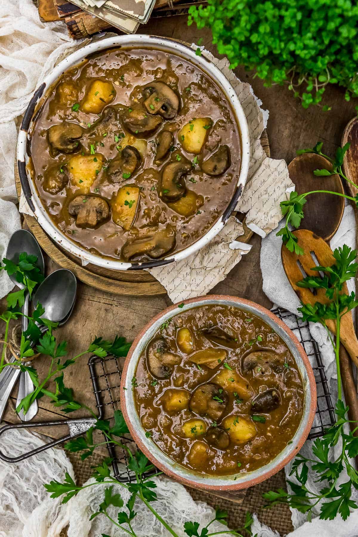 Tablescape of Creamy Harvest Mushroom Potato Soup