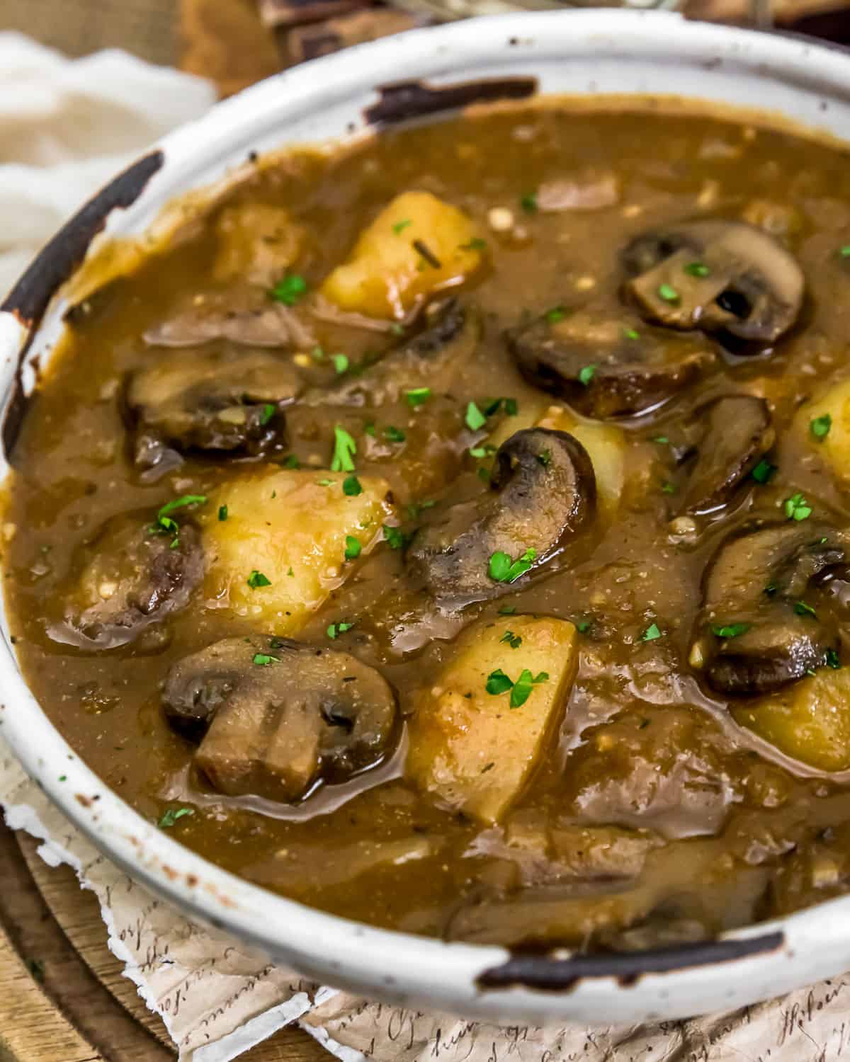 Close up of Creamy Harvest Mushroom Potato Soup