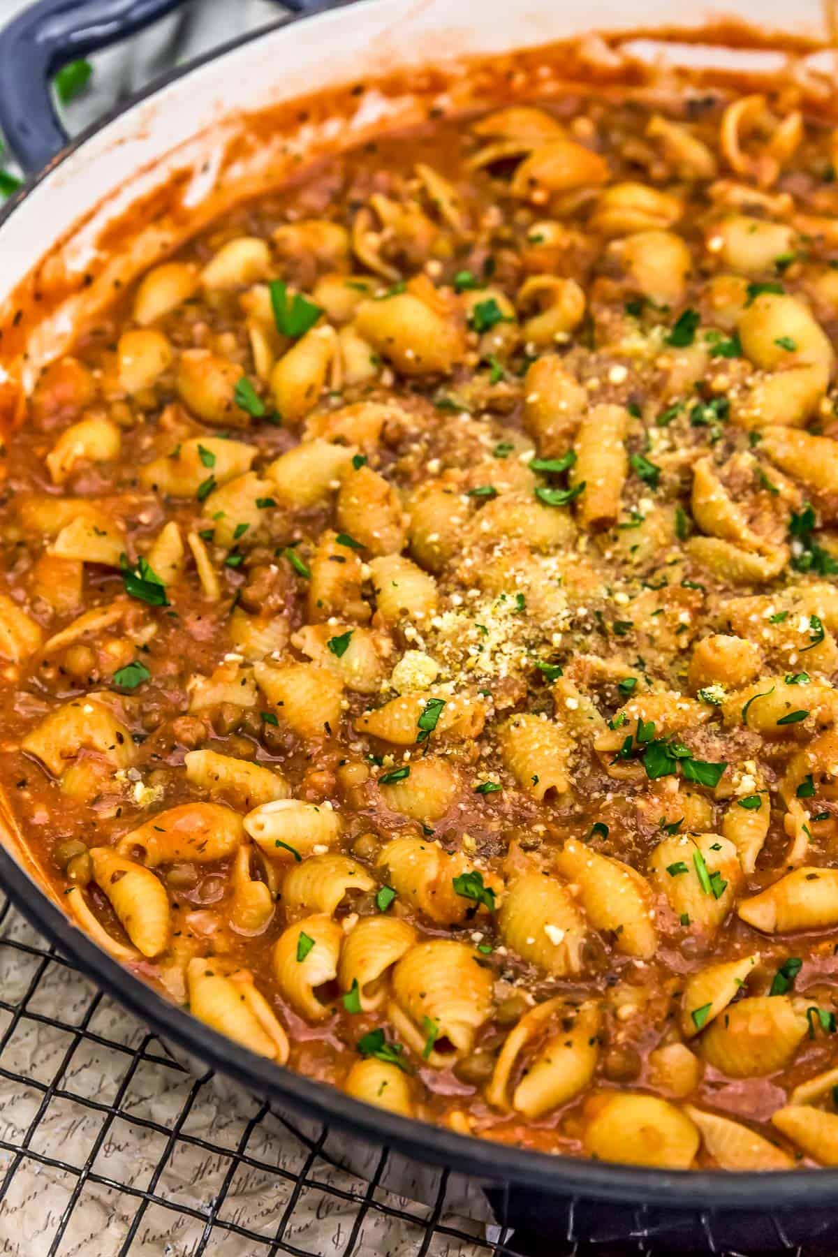 Close up of Creamy Lentils and Shells in a skillet