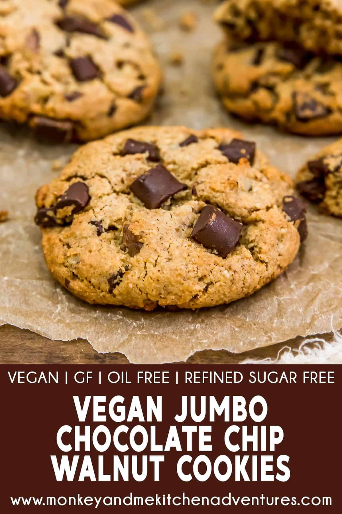 Vegan Jumbo Chocolate Chip Walnut Cookies with text description