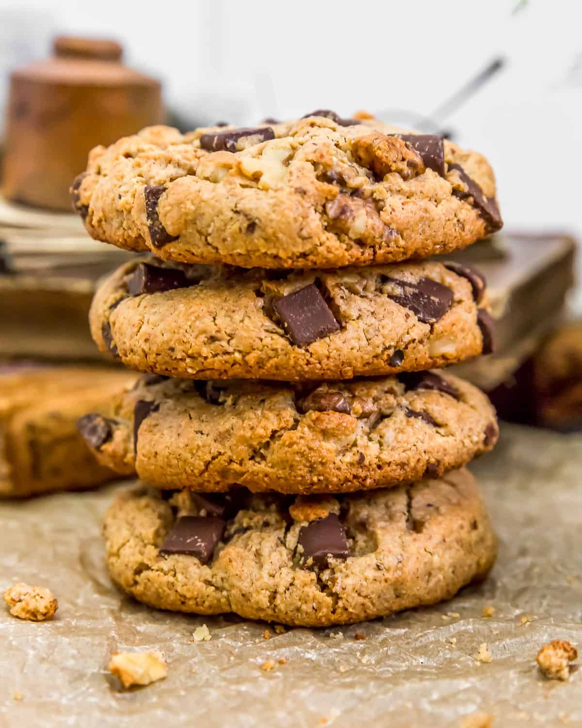 Stacked Vegan Jumbo Chocolate Chip Walnut Cookies