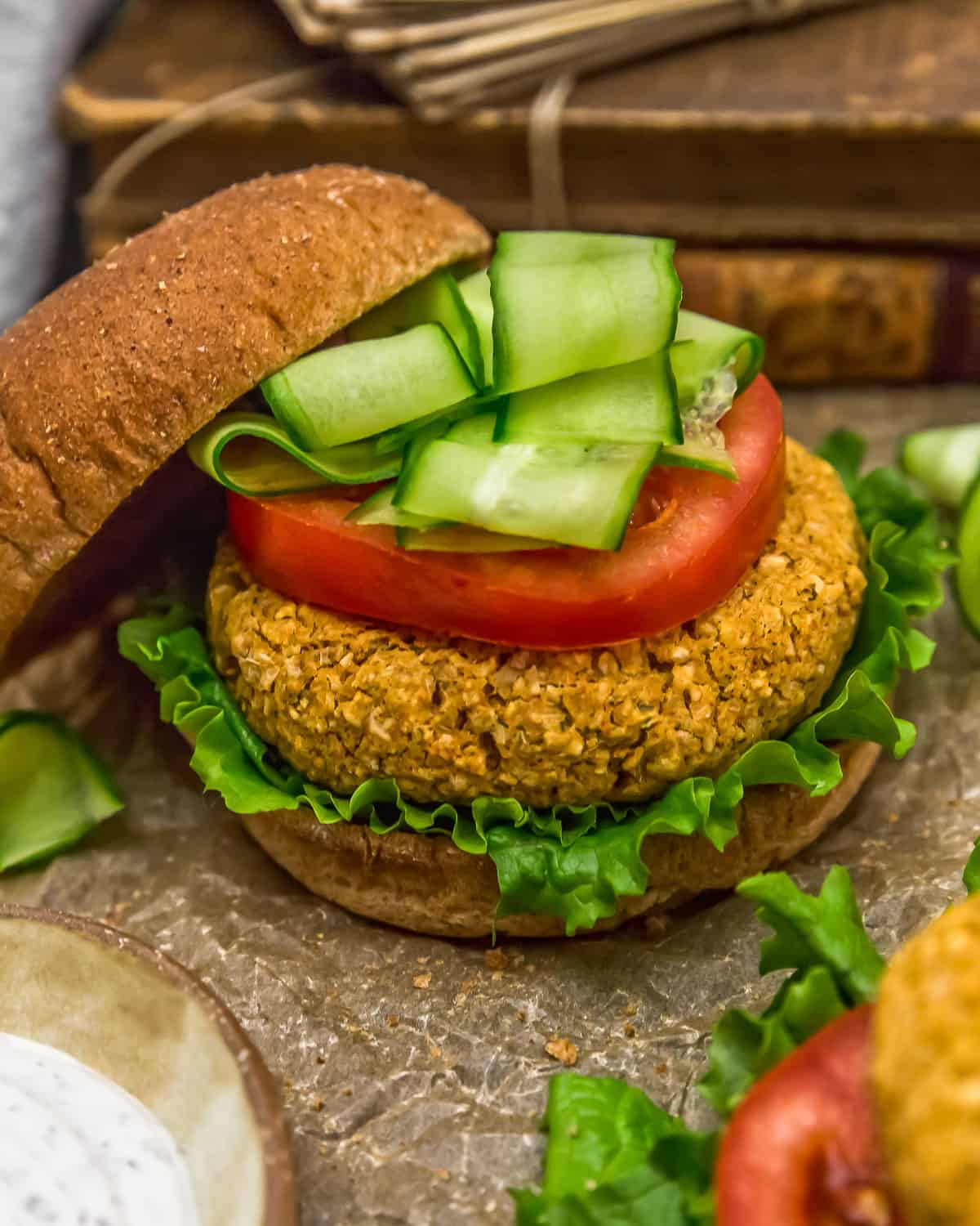 Close up of a Vegan “Salmon” Burger