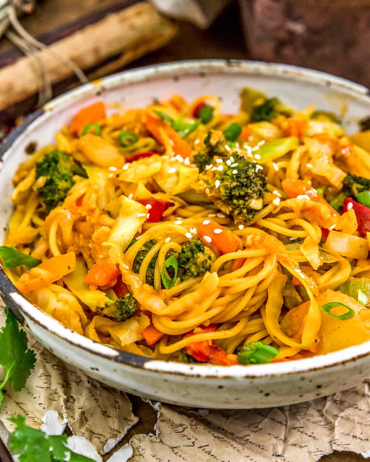 Bowl of Thai Curry Cabbage Noodle Stir Fry