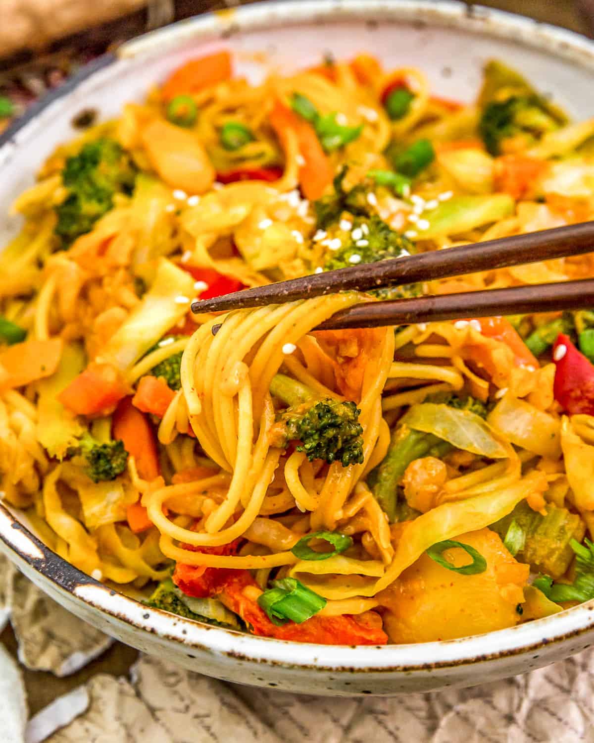 Eating Thai Curry Cabbage Noodle Stir Fry