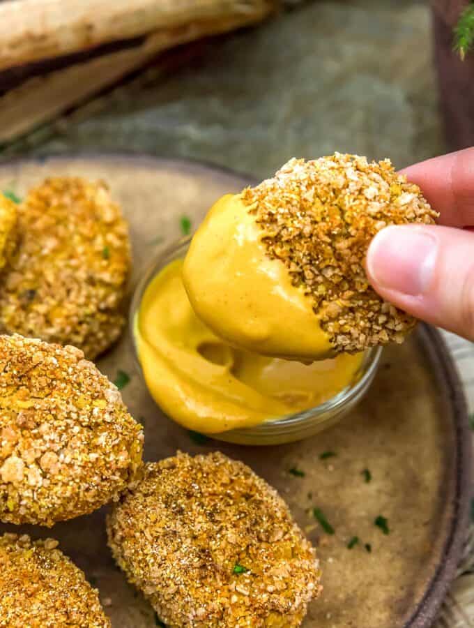 Chickpea Nuggets dipped in Vegan Chick-fil-A Sauce