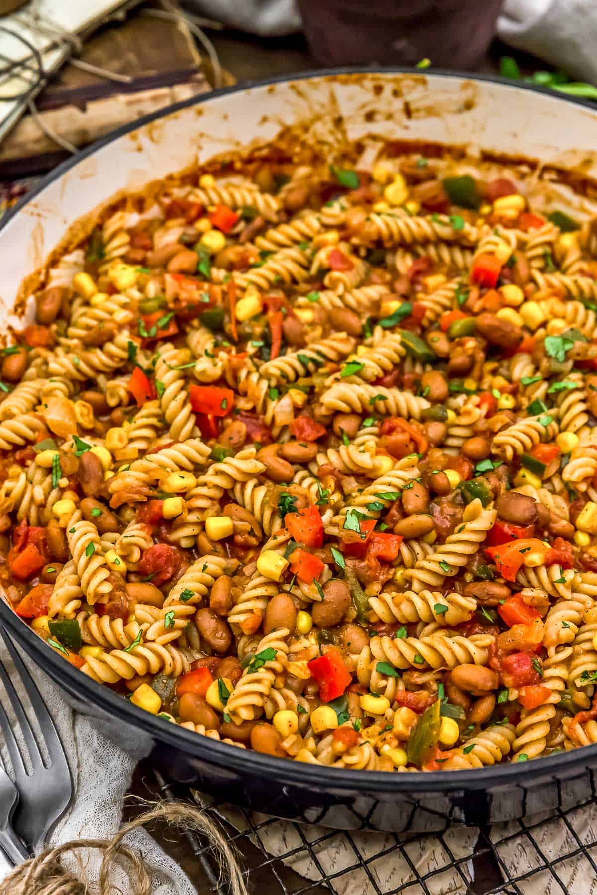 Close up skillet of Vegan Creamy Taco Pasta