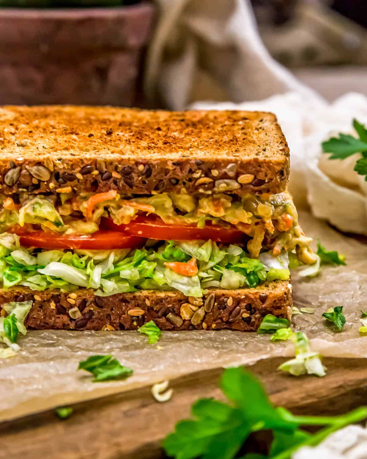 Close up of Veggie Sandwich Spread on a Sandwich