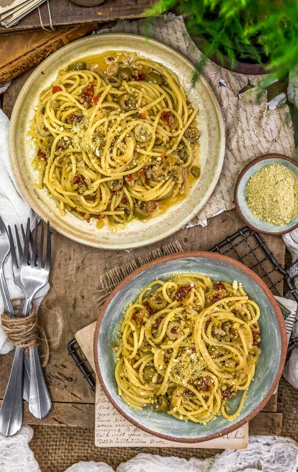 Tablescape of Spaghetti alla Siciliana