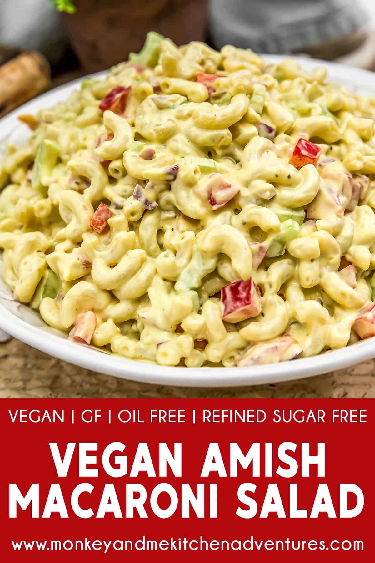 Vegan Amish Macaroni Salad with text description