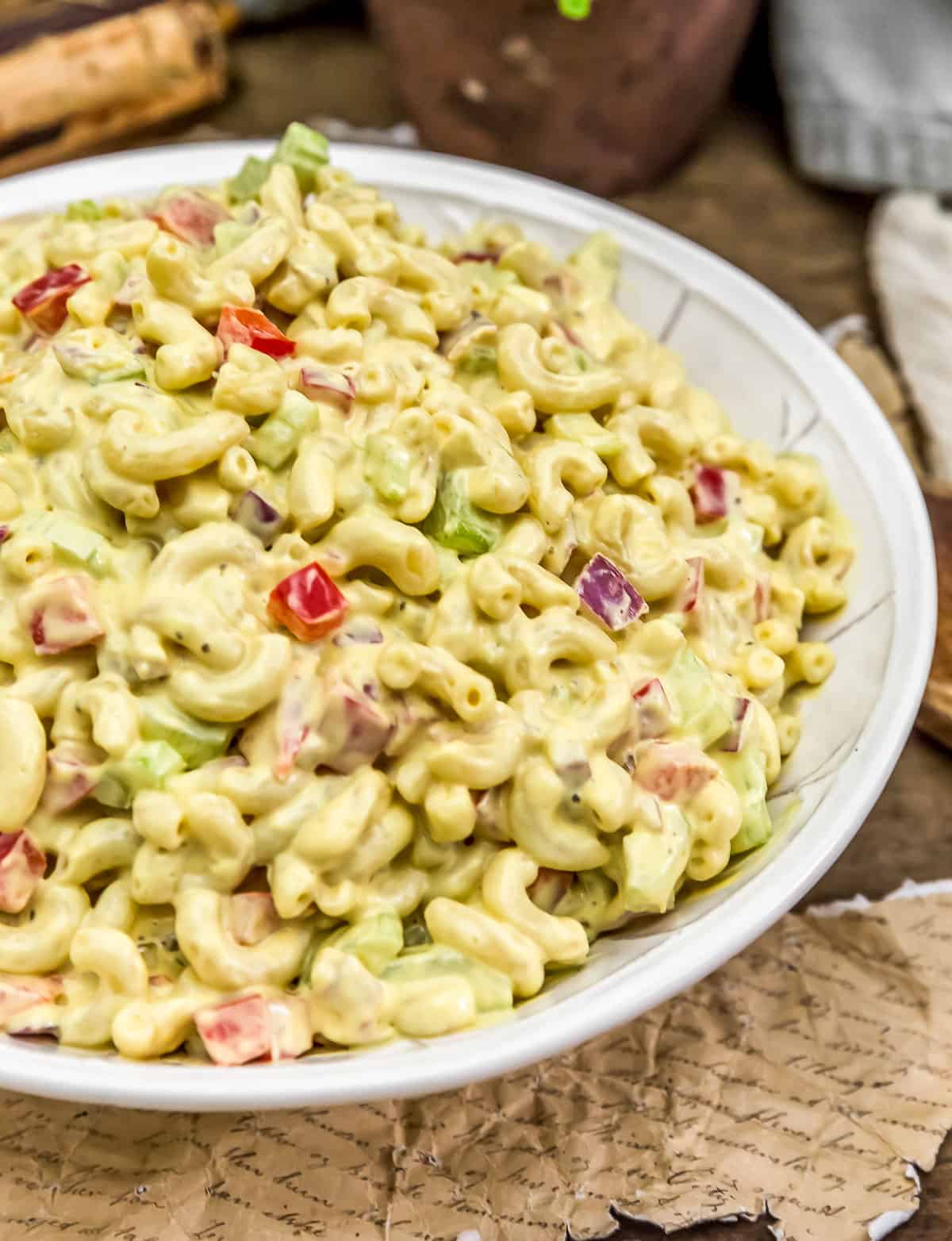 Serving bowl of Vegan Amish Macaroni Salad