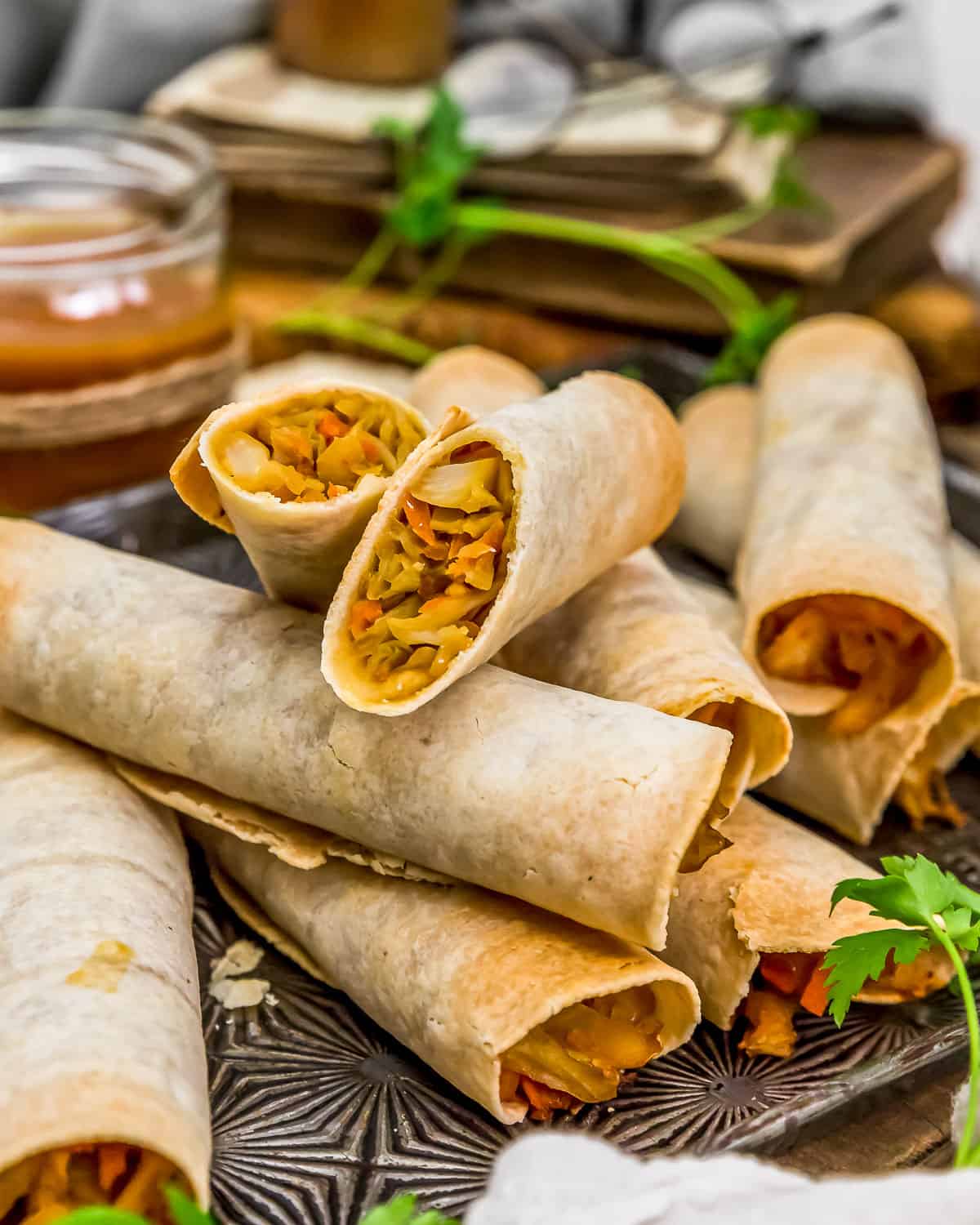 Close up of Vegan Baked “Egg” Rolls