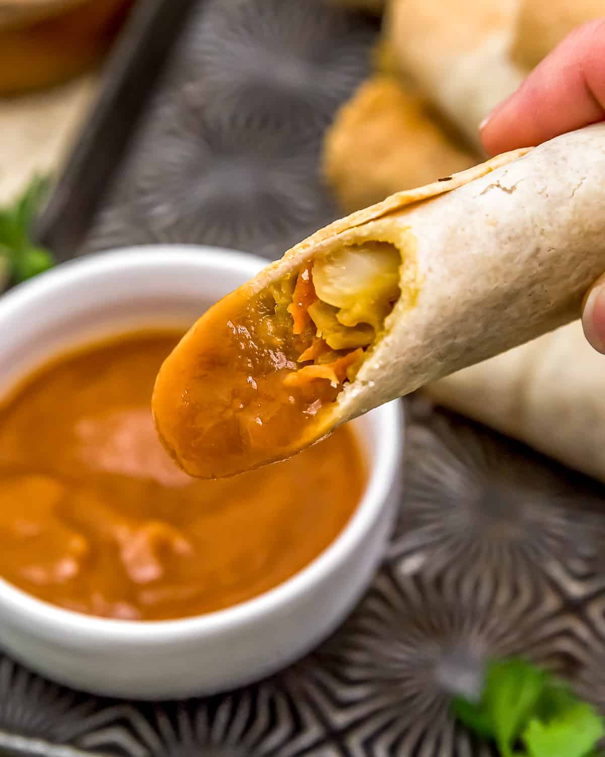 Vegan Baked “Egg” Rolls dipped in sauce