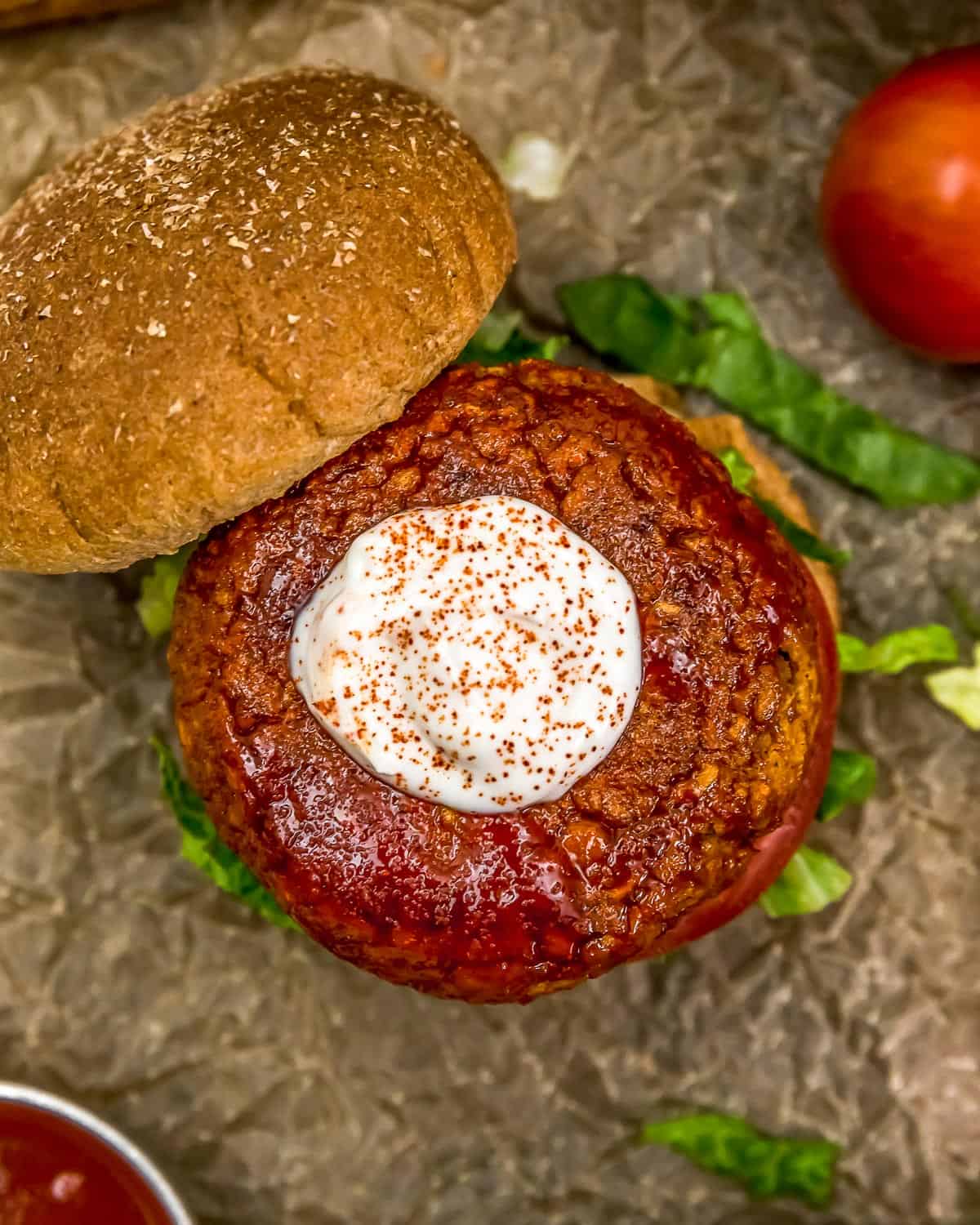 Top-down view of Vegan Firecracker Burgers