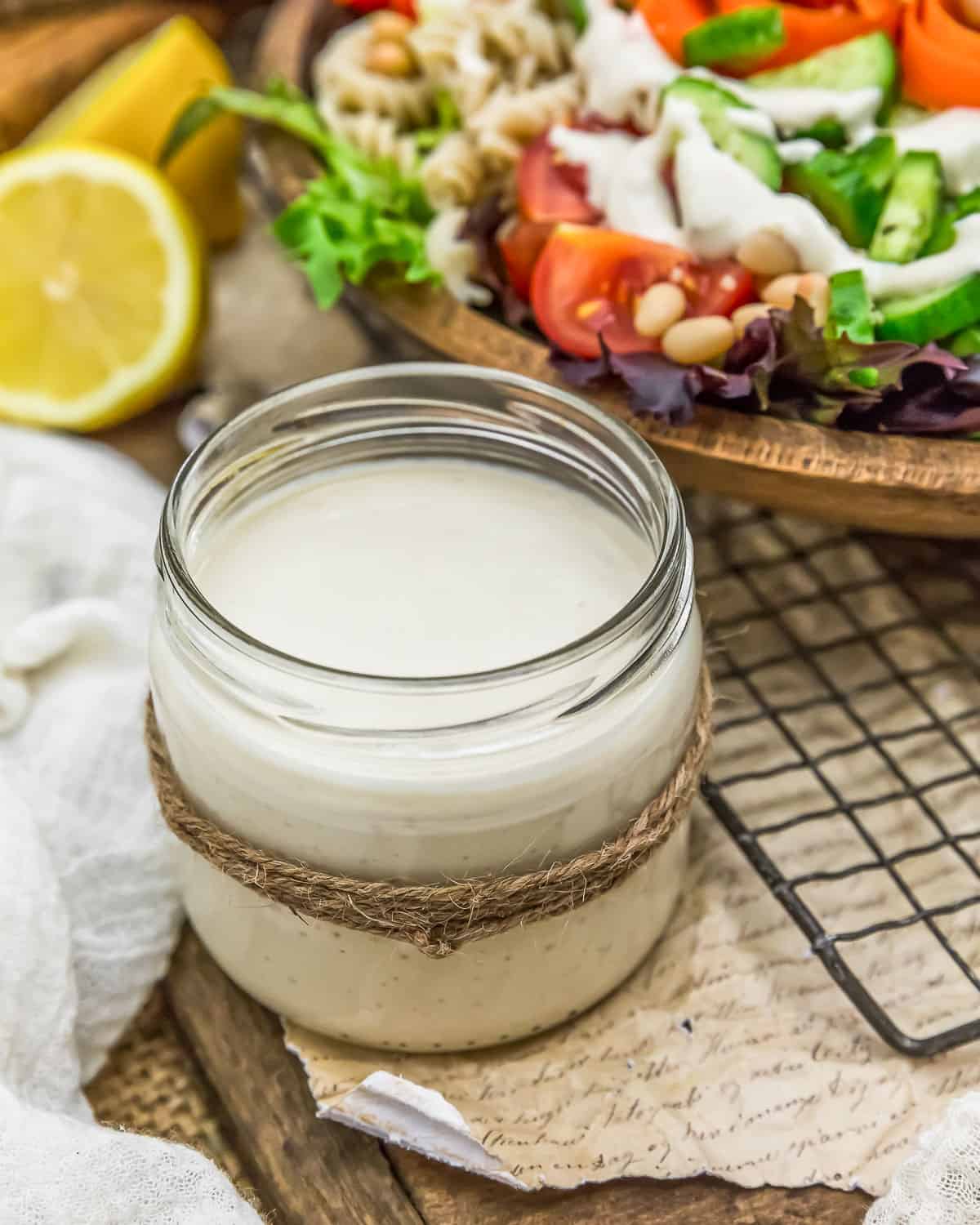 Vegan Lemon Sunflower Seeds Dressing in a jar