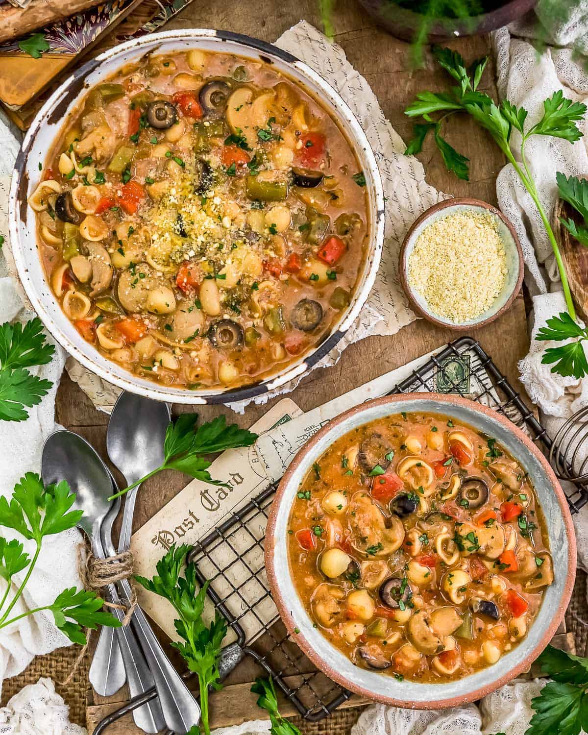 Tablescape of Vegan Pizza Pasta Soup