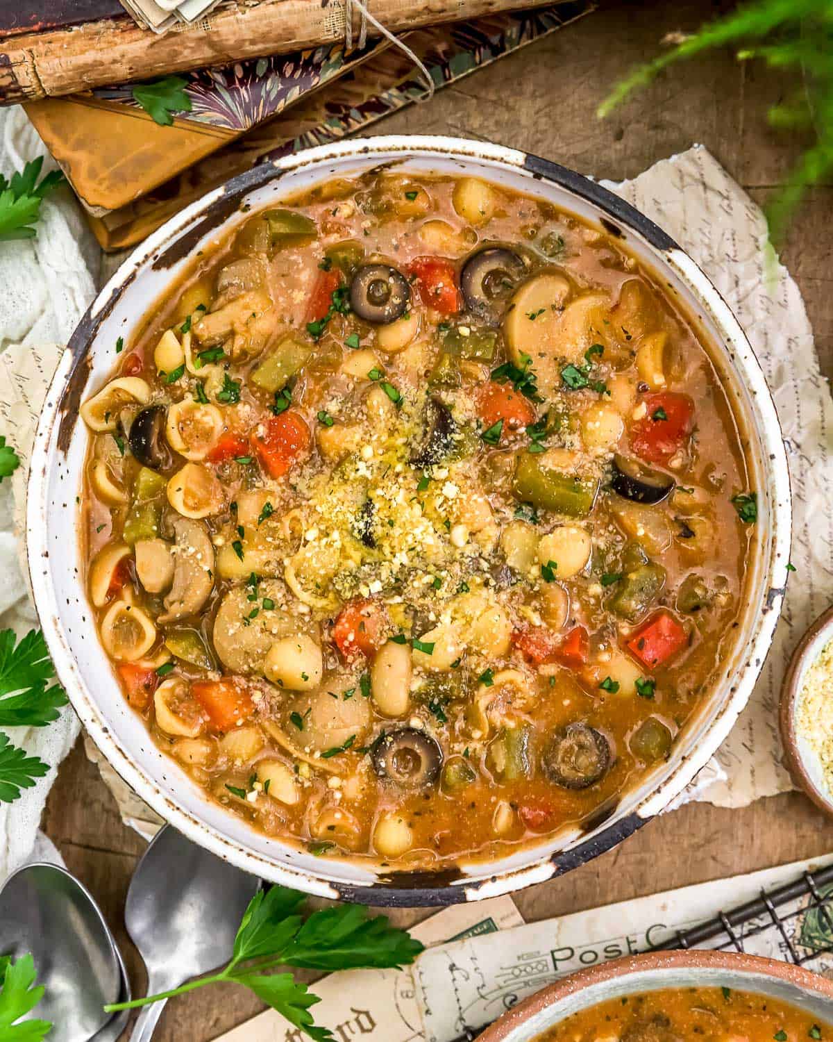 Bowl of Vegan Pizza Pasta Soup