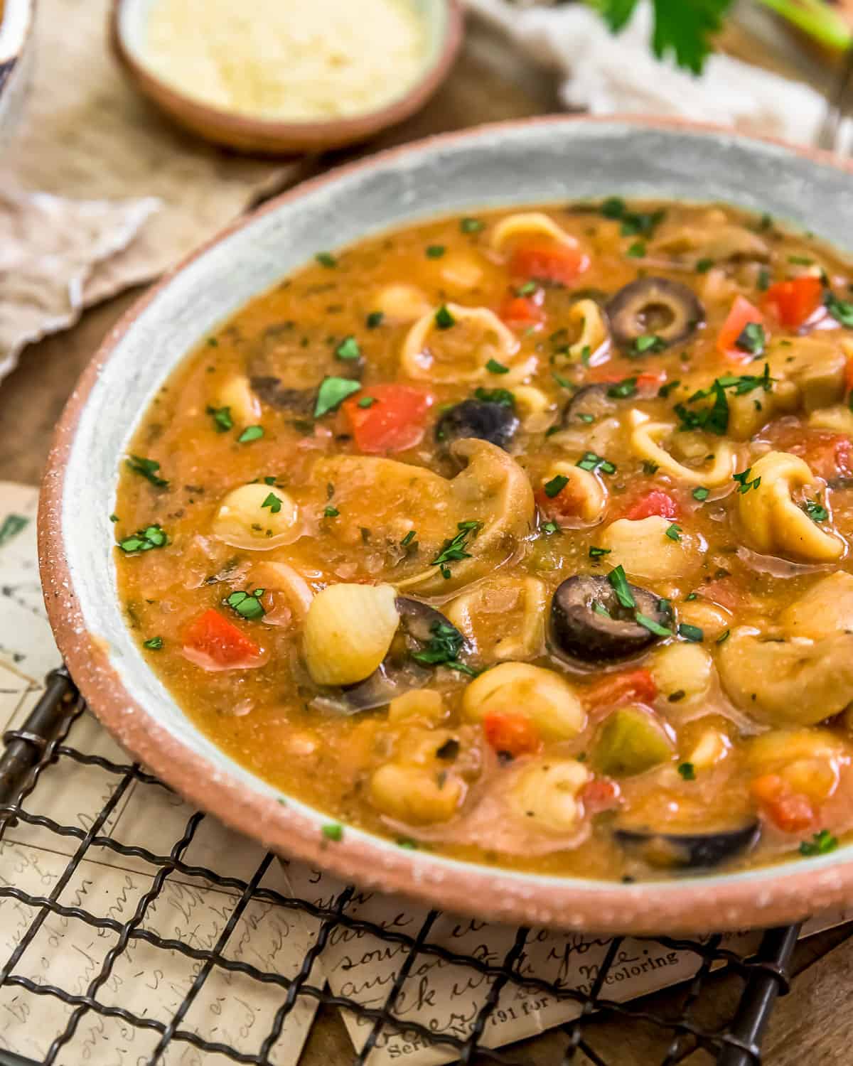 Close up of Vegan Pizza Pasta Soup