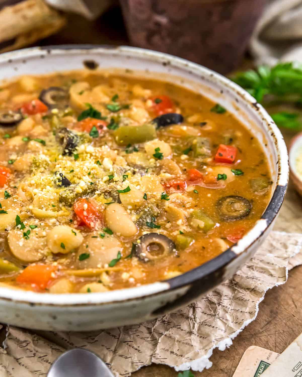 Close up of Vegan Pizza Pasta Soup