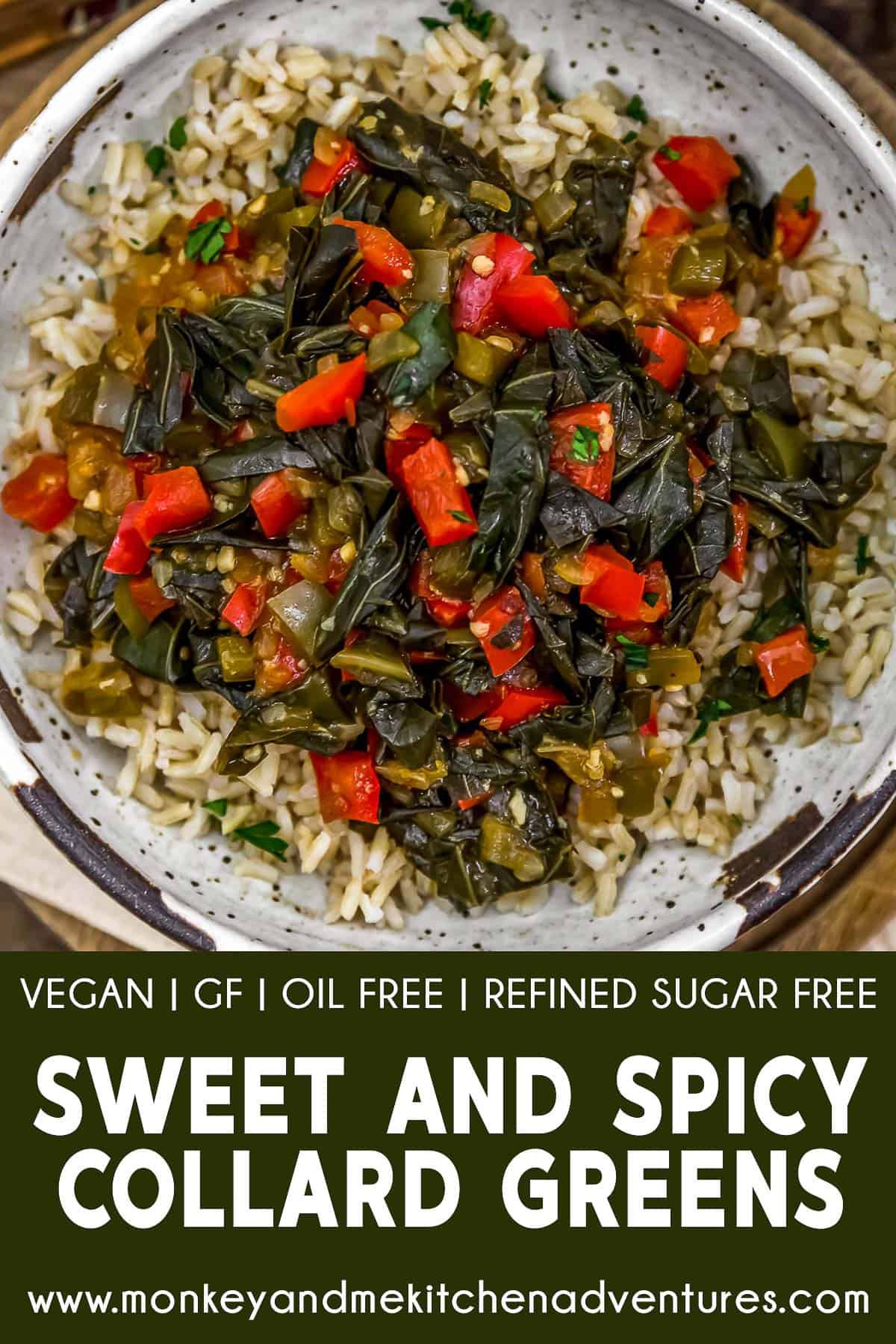 Sweet and Spicy Collard Greens with text description