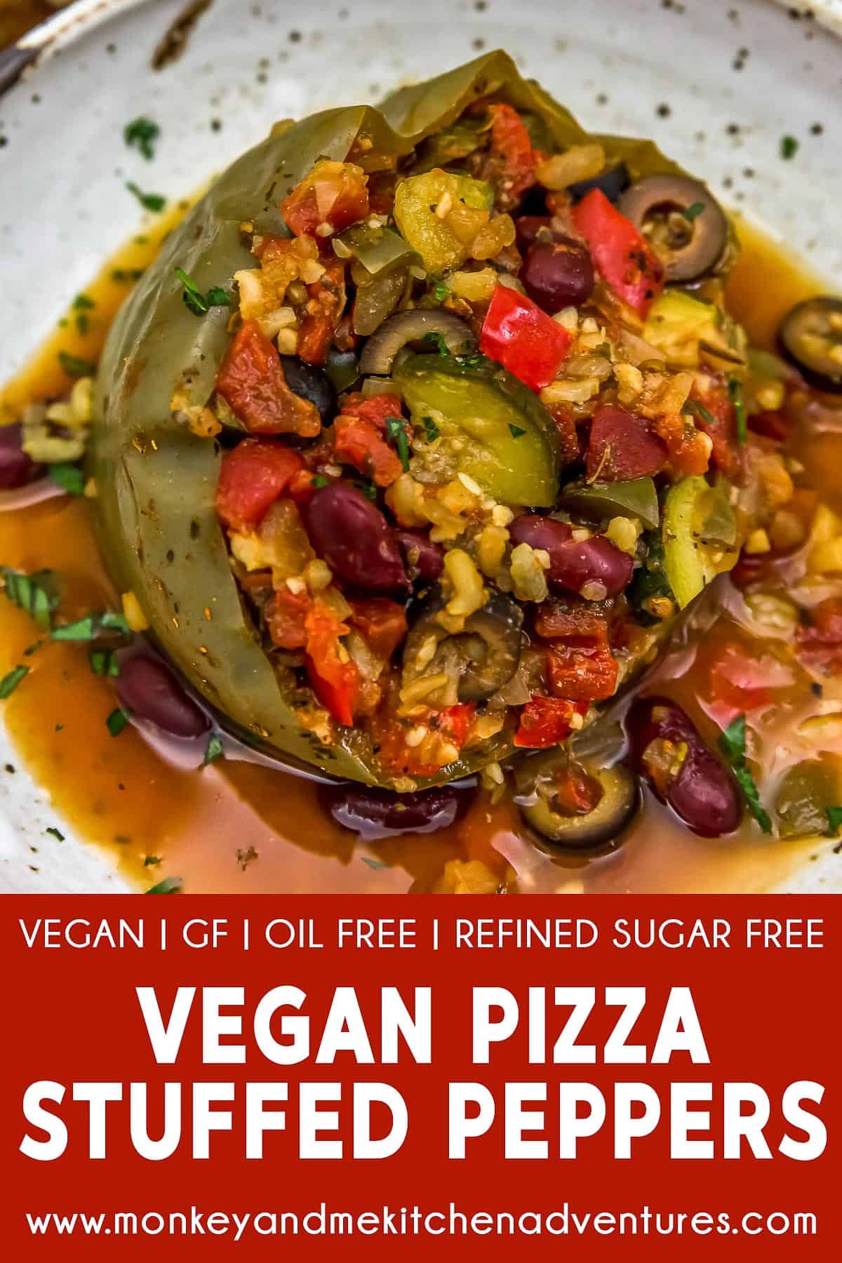 Vegan Pizza Stuffed Peppers with text description