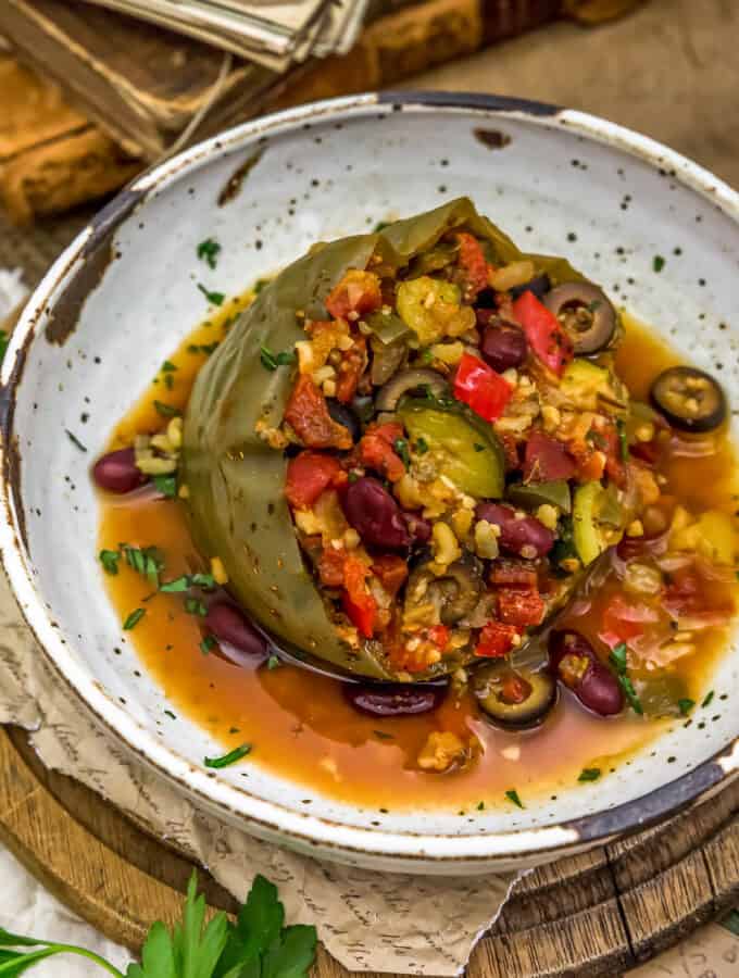 Close up of Vegan Pizza Stuffed Peppers