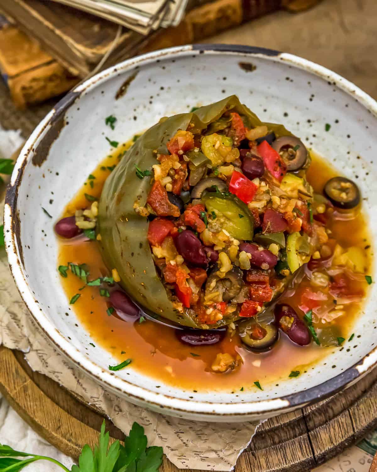 Close up of Vegan Pizza Stuffed Peppers