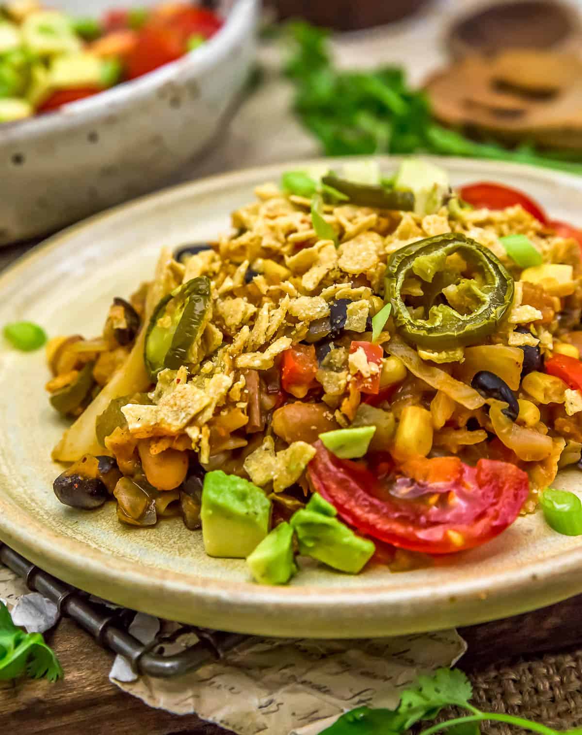 Close up of plated Vegan Tex-Mex Cabbage Casserole
