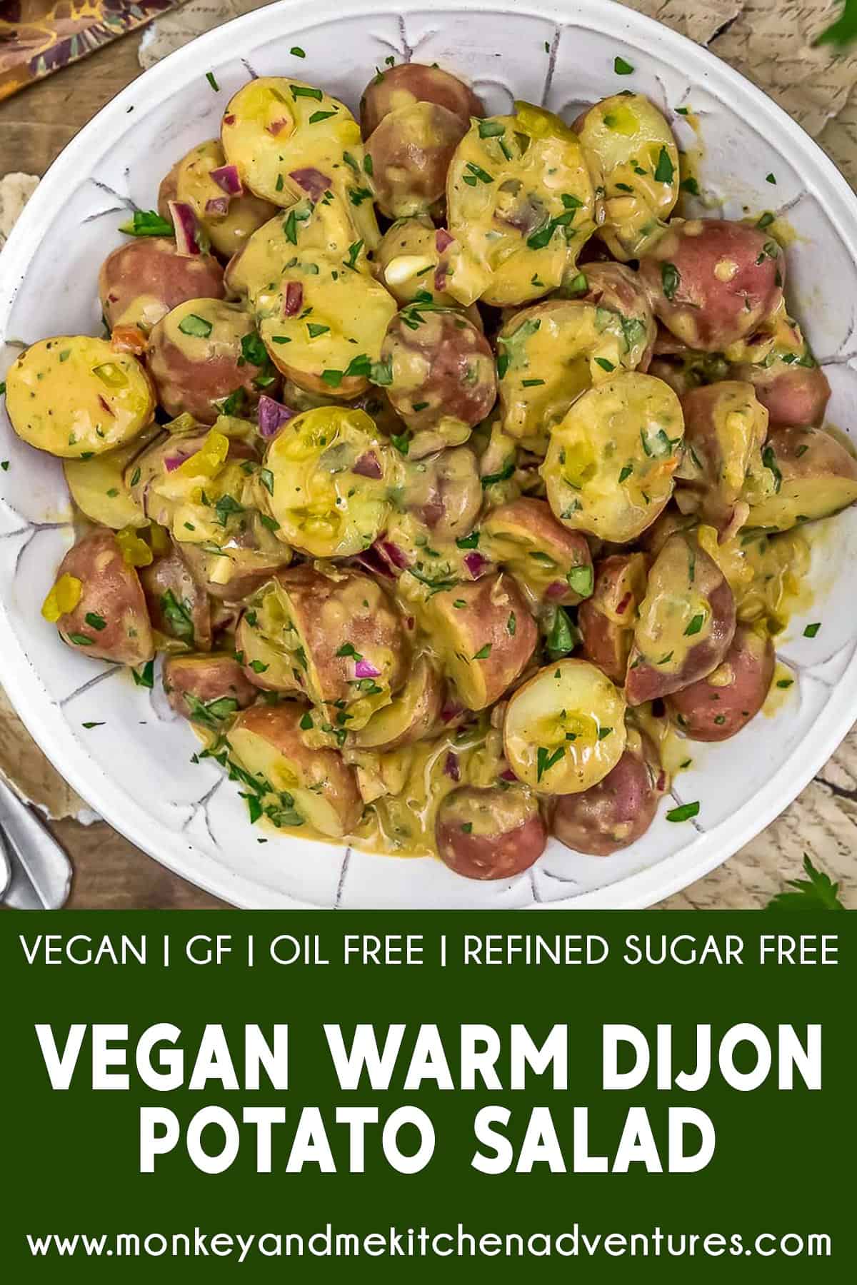 Vegan Warm Dijon Potato Salad with Text Description
