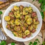 Serving bowl of Vegan Warm Dijon Potato Salad