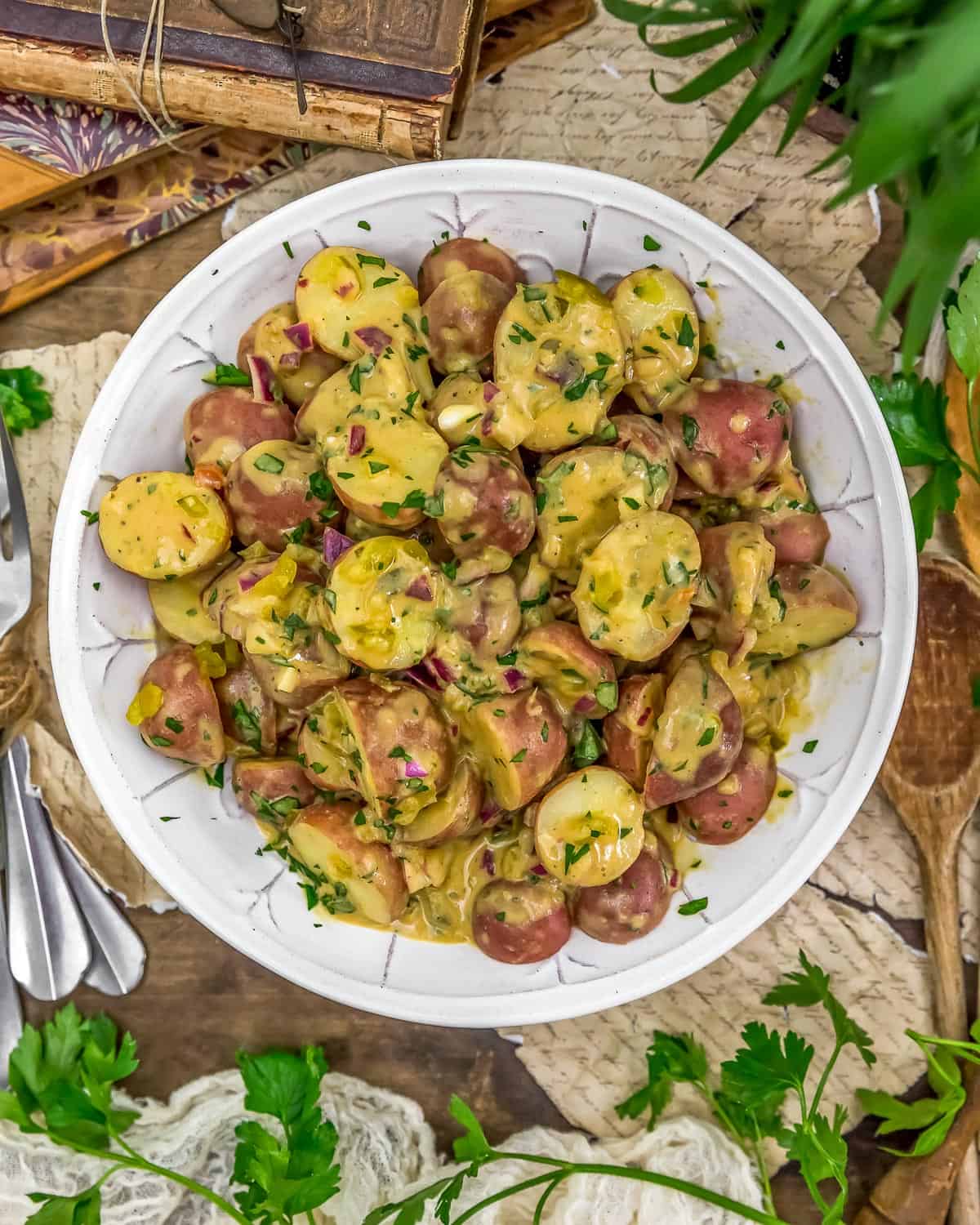 Serving bowl of Vegan Warm Dijon Potato Salad