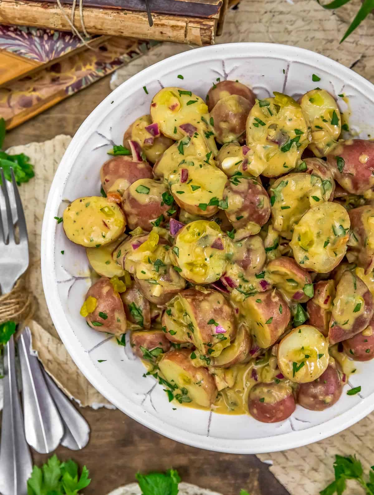 Close up of Vegan Warm Dijon Potato Salad