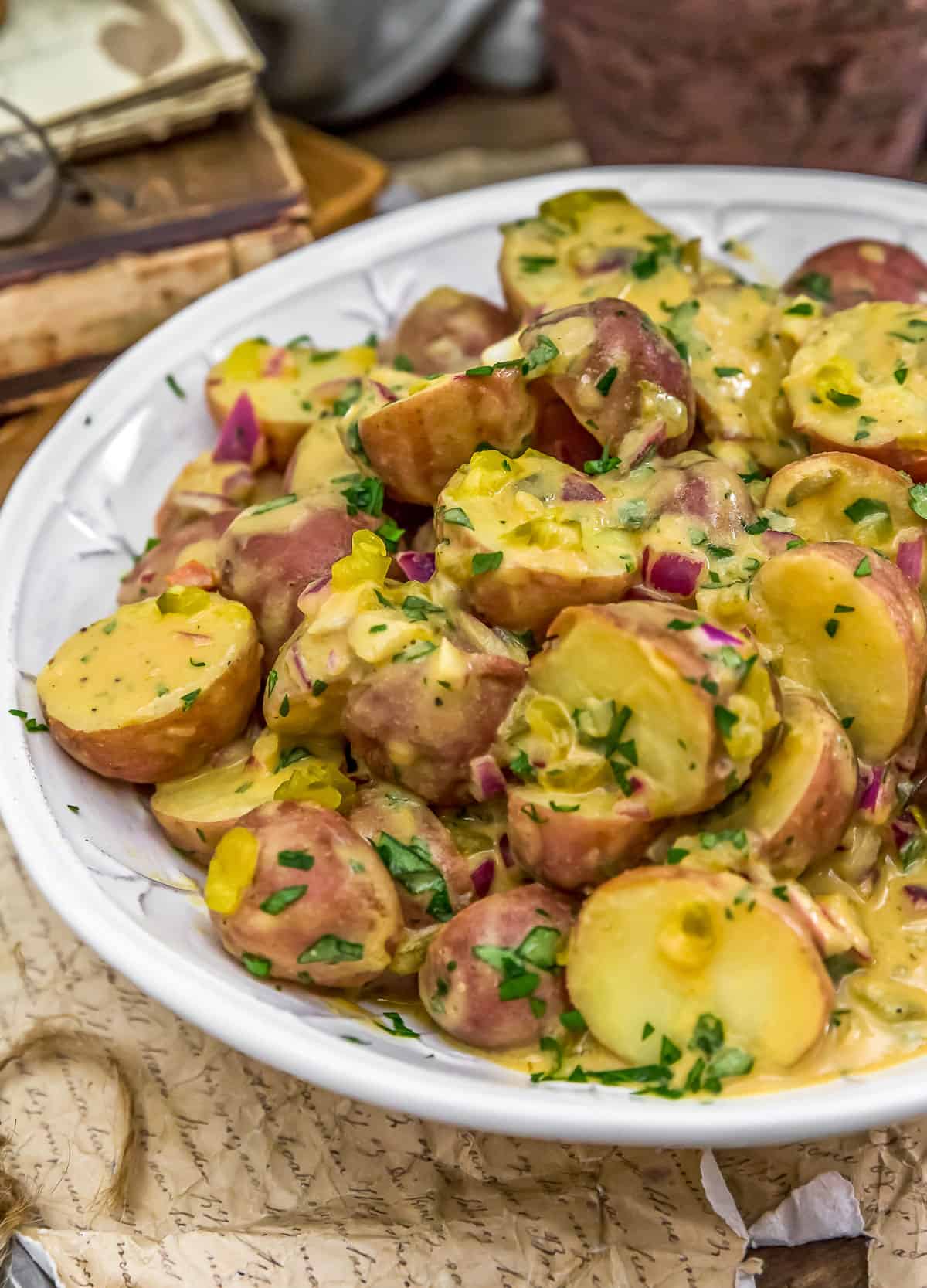 Vegan Warm Dijon Potato Salad in a bowl