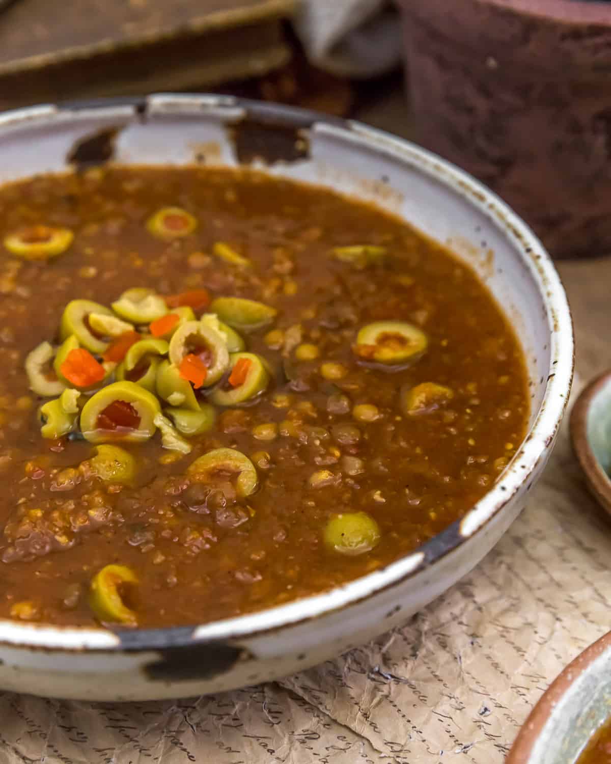 Tomato Lentil Soup with Pimento Olives