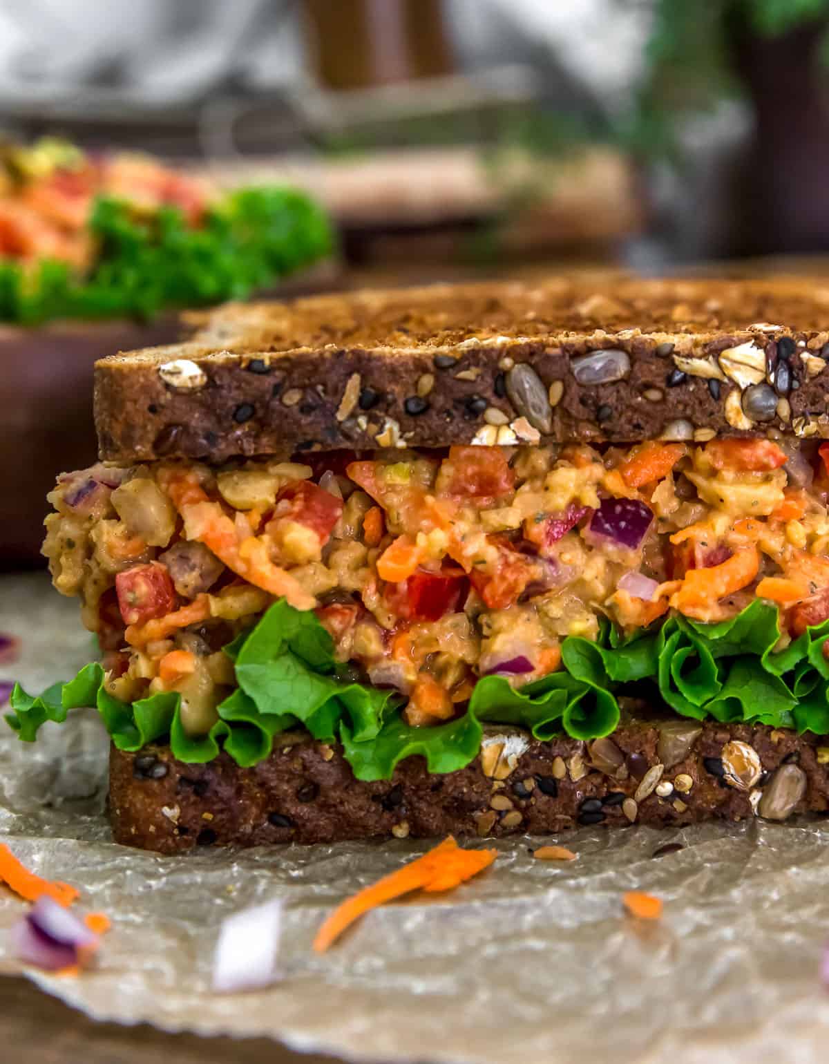Close up of Moroccan Chickpea Salad Sandwich
