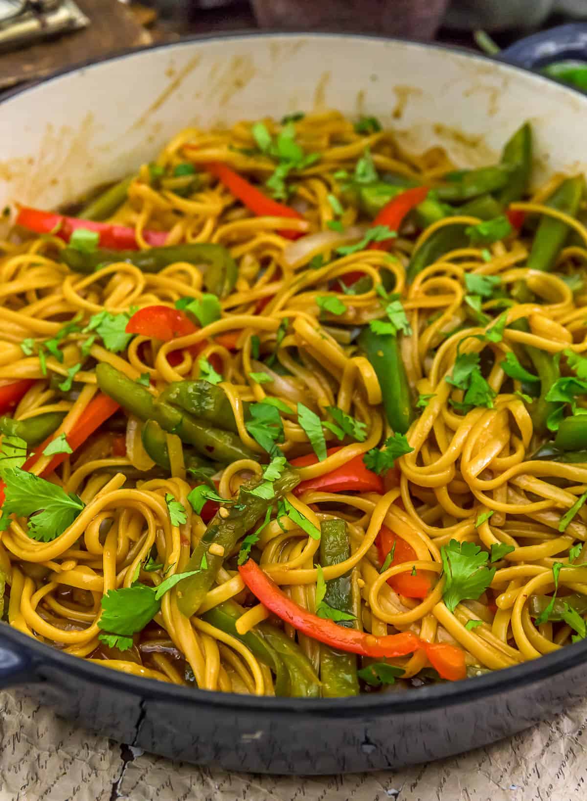 Close up of Thai Peppers and Noodles in a skillet