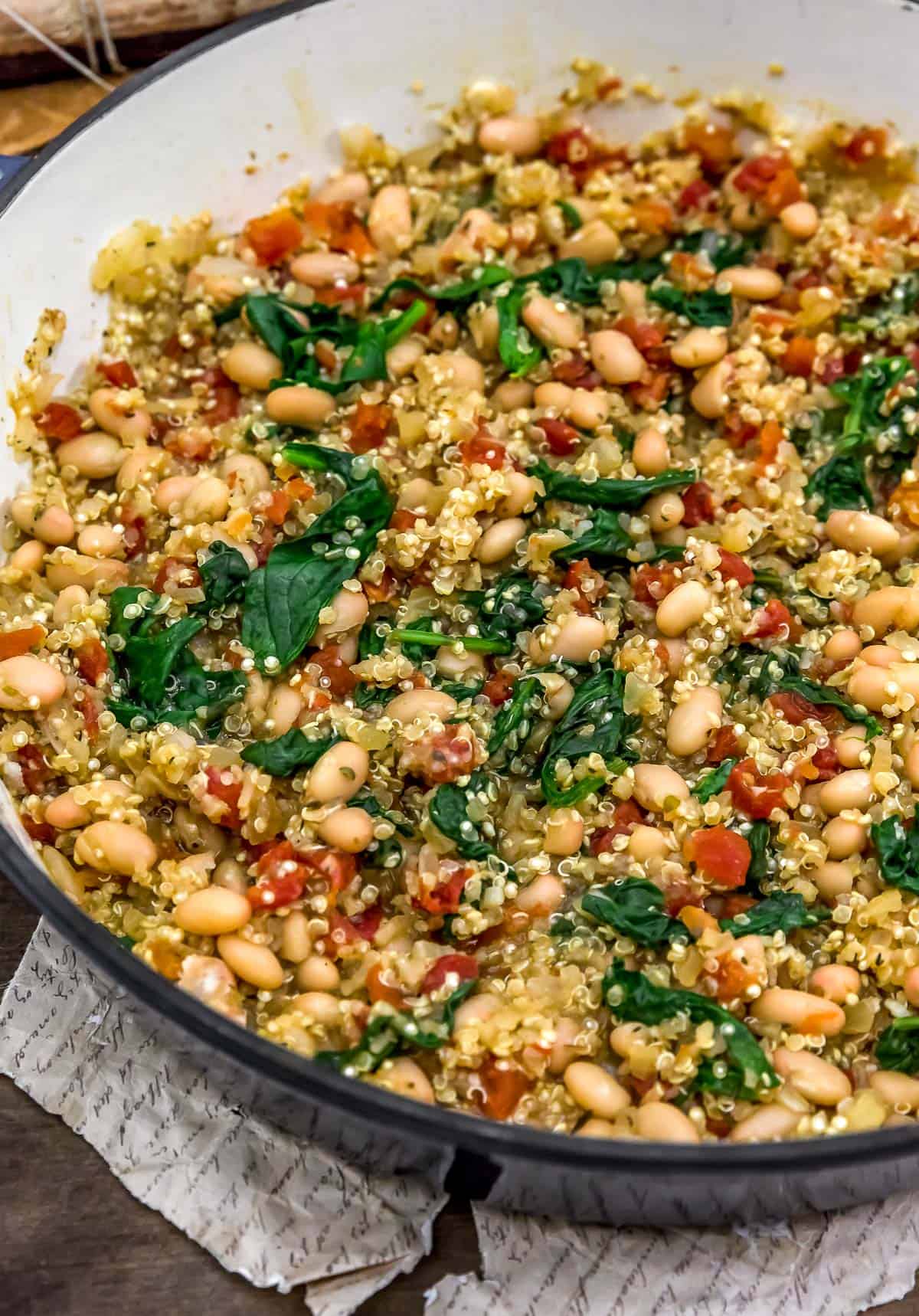 Close up of Tuscan White Bean Quinoa Skillet