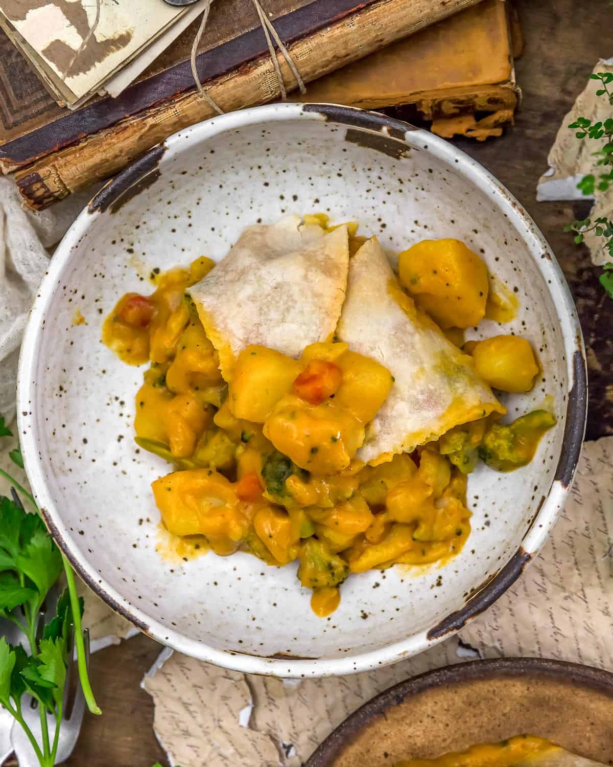 Bowl of Vegan Cheesy Potato and Broccoli Pot Pie