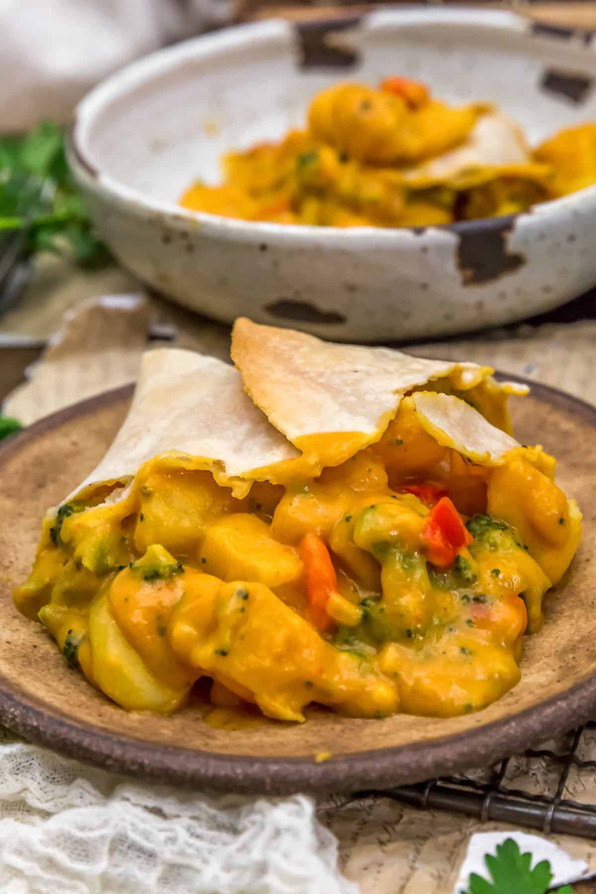 Close up of Vegan Cheesy Potato and Broccoli Pot Pie