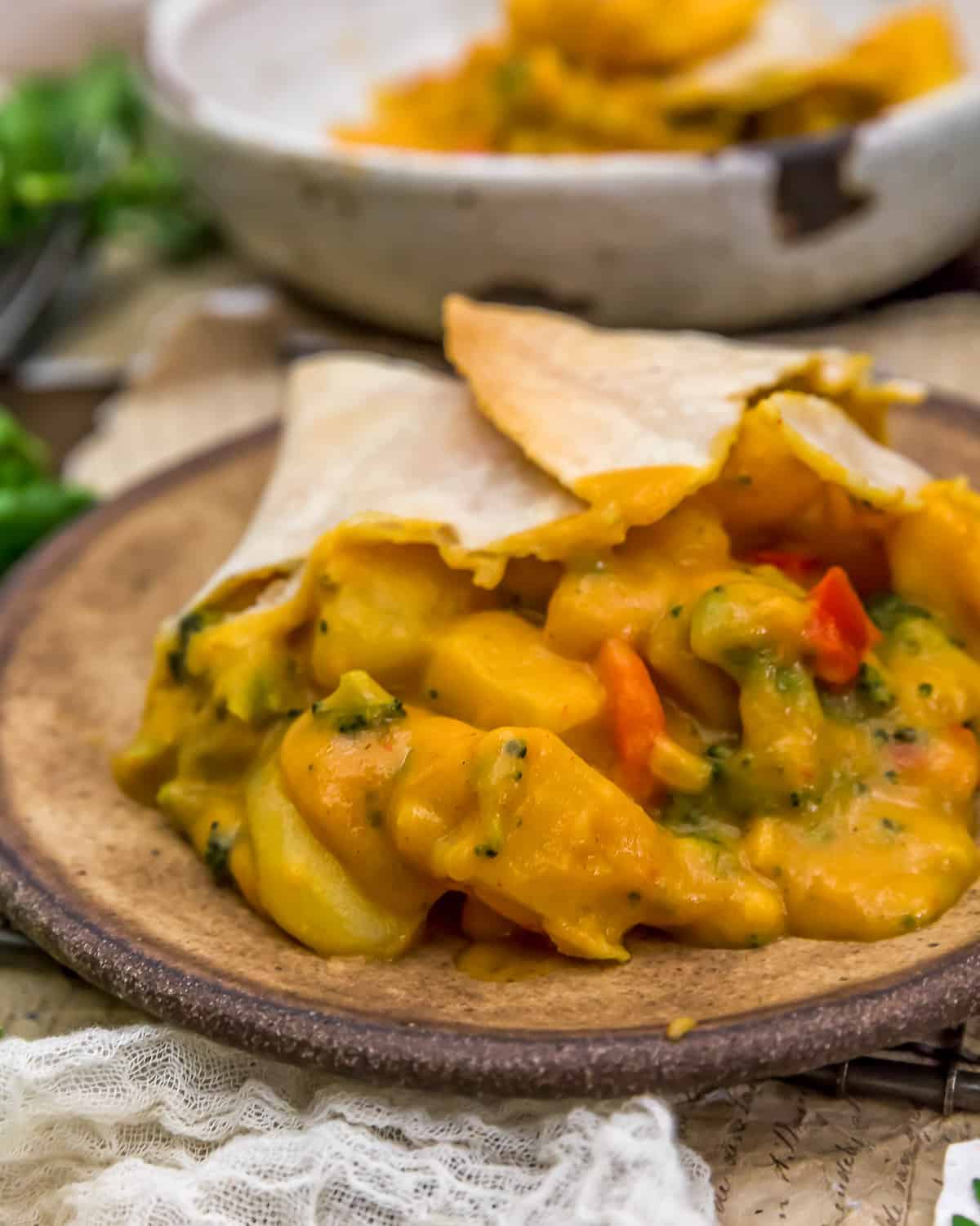 Plate of Vegan Cheesy Potato and Broccoli Pot Pie