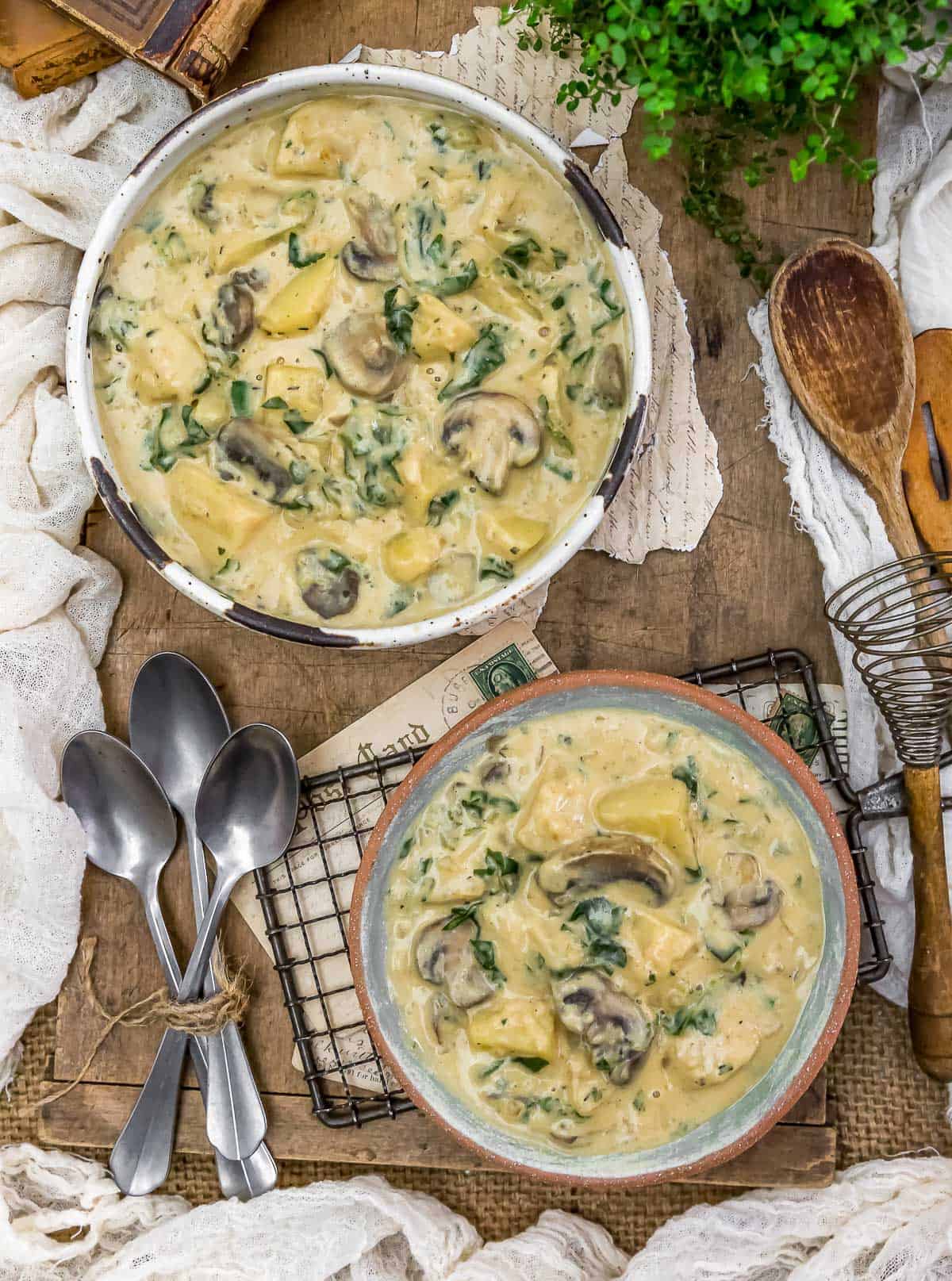 Tablescape of Creamy Herb Potato and Kale Stew