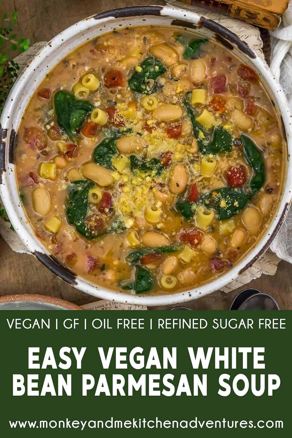 Easy Vegan White Bean Parmesan Soup with text description