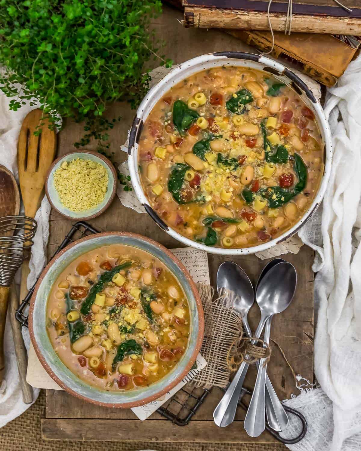 Tablescape of Easy Vegan White Bean Parmesan Soup