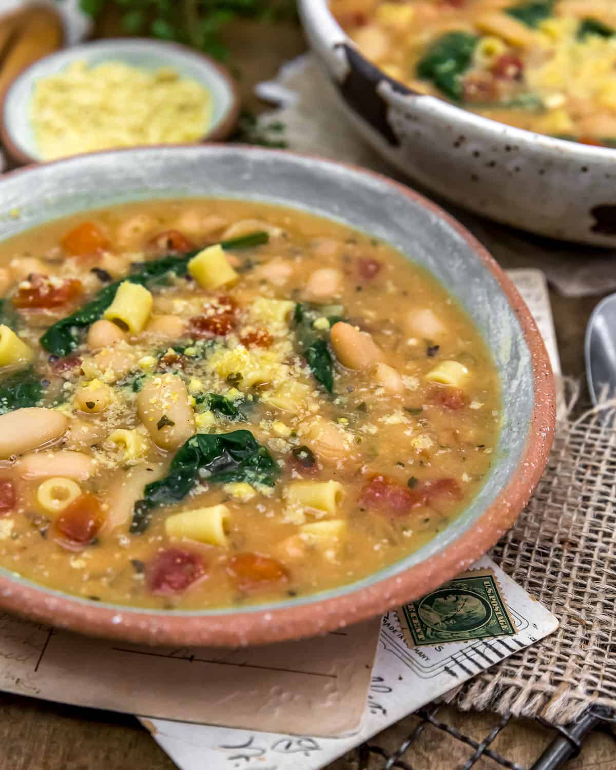 Close up of Easy Vegan White Bean Parmesan Soup